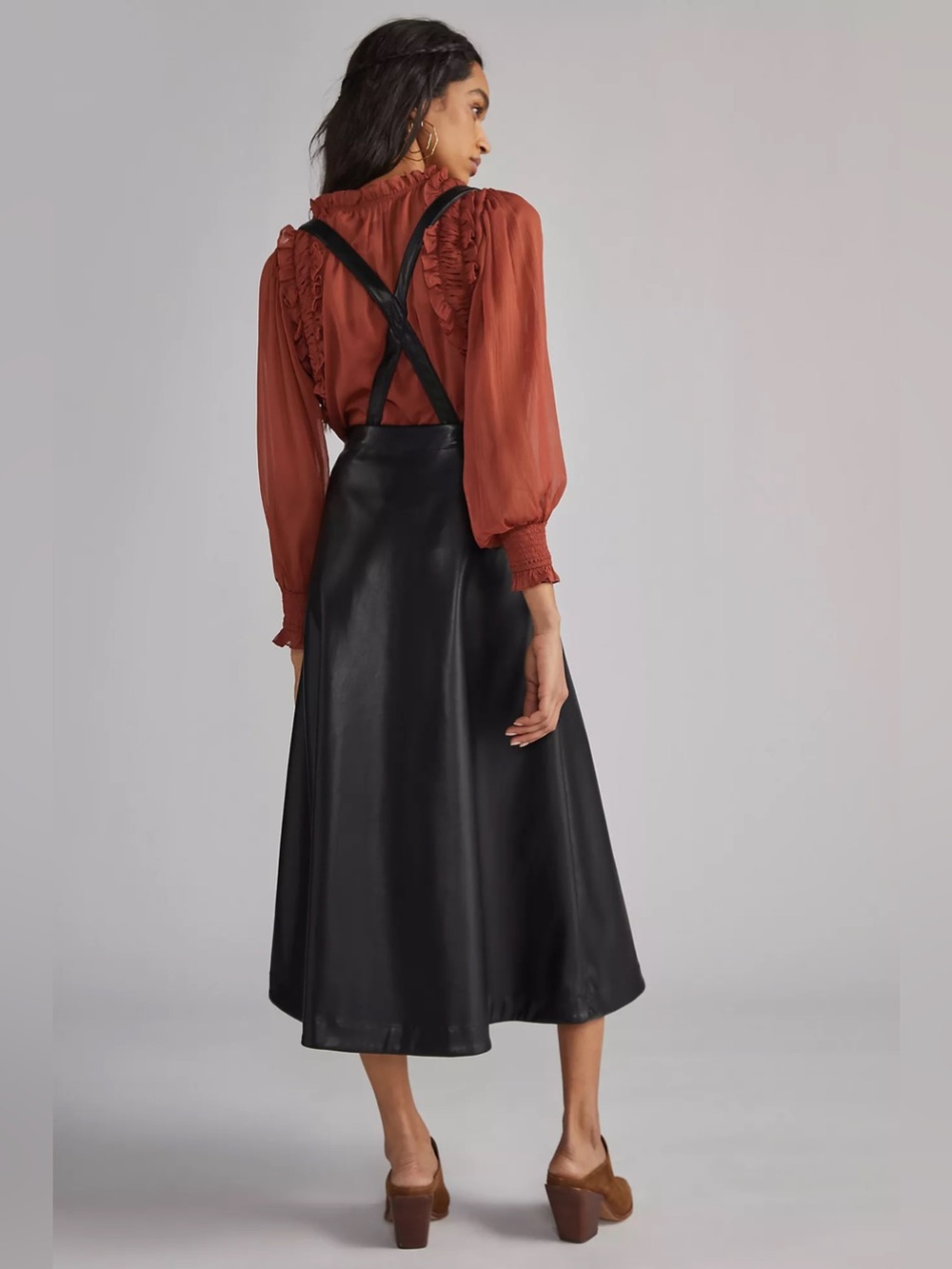 ✨ Anthropologie Faux Leather Pinafore Suspender Midi Skirt Black - Picture 2 of 11